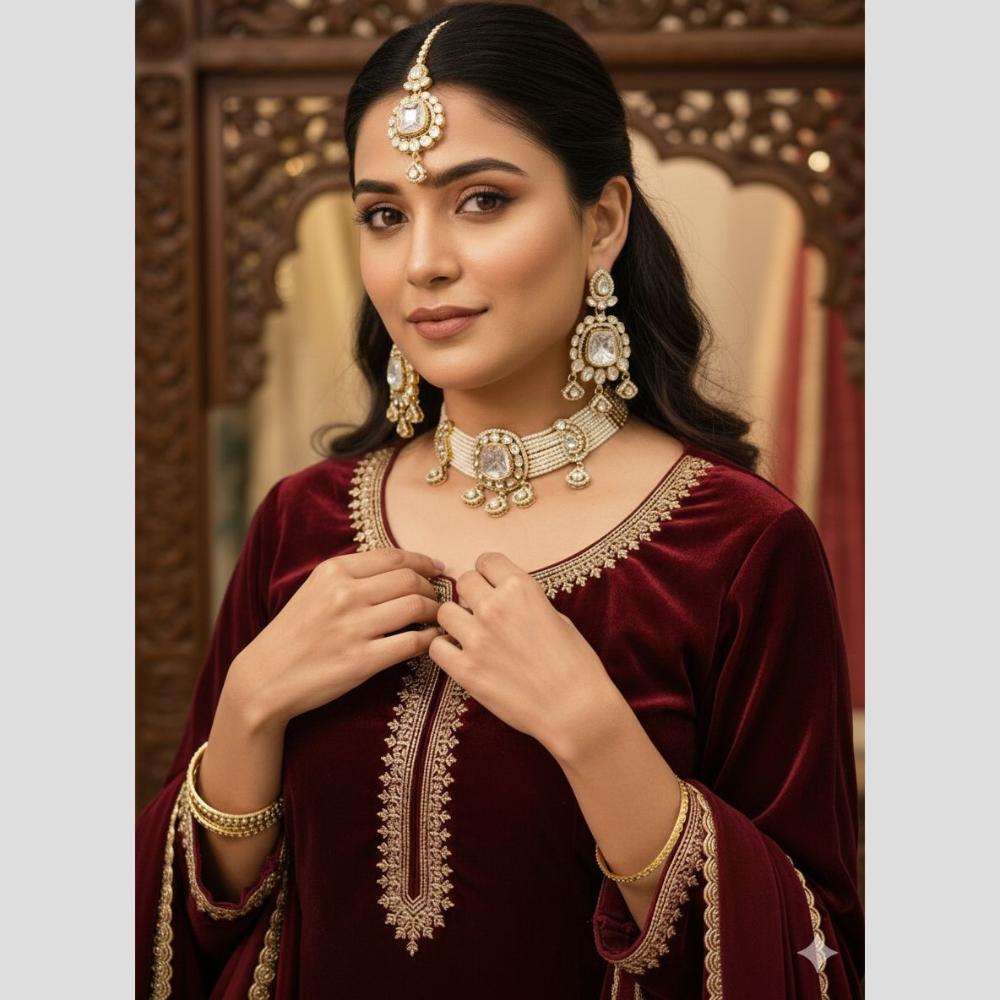 Hira Collections Premium Kundan Stone Beads And Pearl Choker Necklace Set