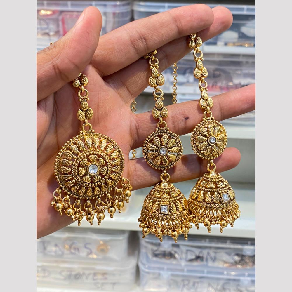Hira Collections Designer Pota Stone And Beads Jhumki Earrings With Maangtikka