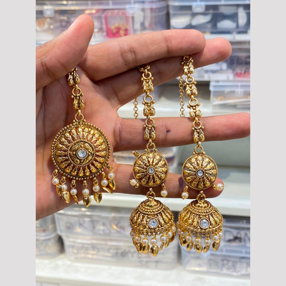 Hira Collections Designer Pota Stone And Beads Jhumki Earrings With Maangtikka