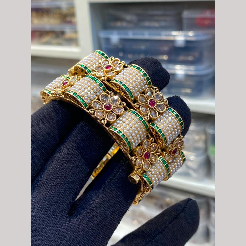 Hira Collections Premium Pota Stone And Pearl Openable Bangles Set
