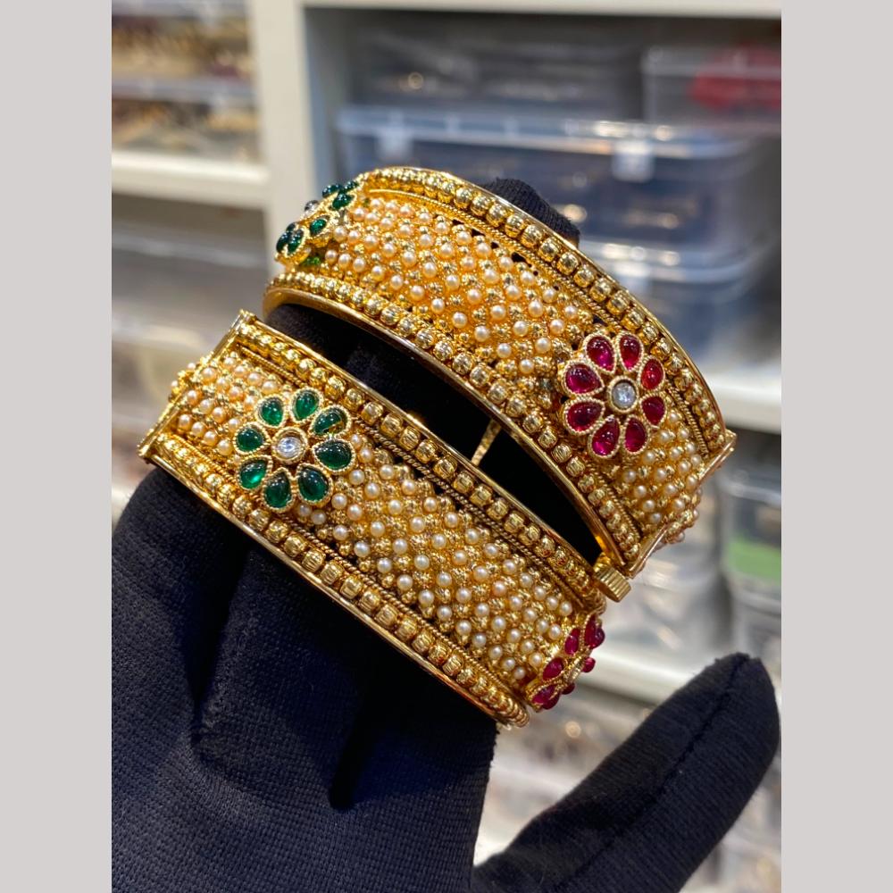 Hira Collections Premium Pota Stone And Pearl Openable Bangles Set