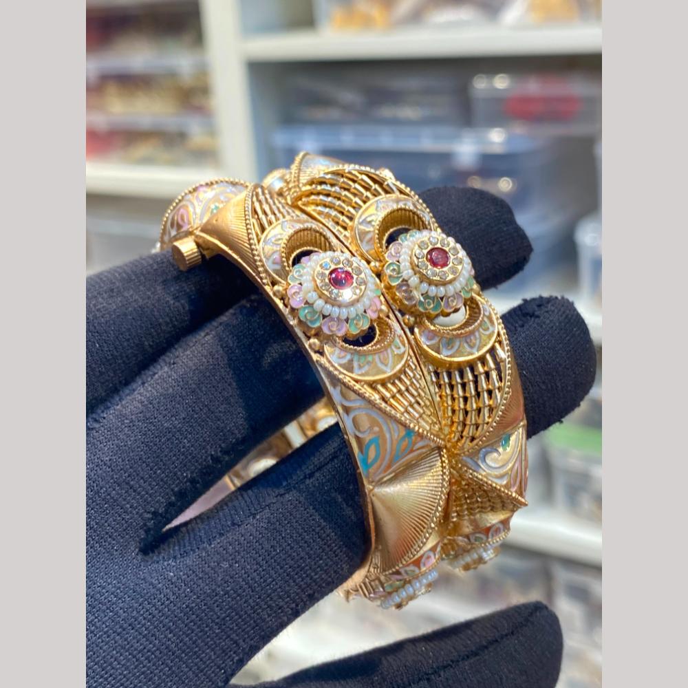 Hira Collections Premium Pota Stone And Pearl Meenakari Openable Bangles Set