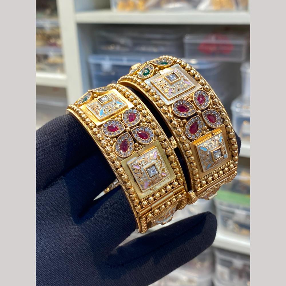 Hira Collections Premium Pota Stone And Meenakari Openable Bangles Set