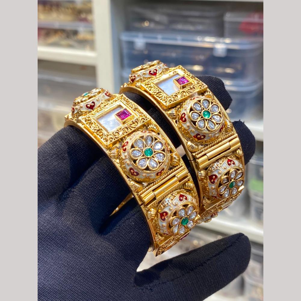 Hira Collections Premium Pota Stone And Meenakari Openable Bangles Set