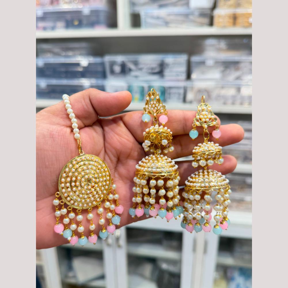 Hira Collections Stylish Beads And Pearl Jhumki Earrings With Maang Tikka