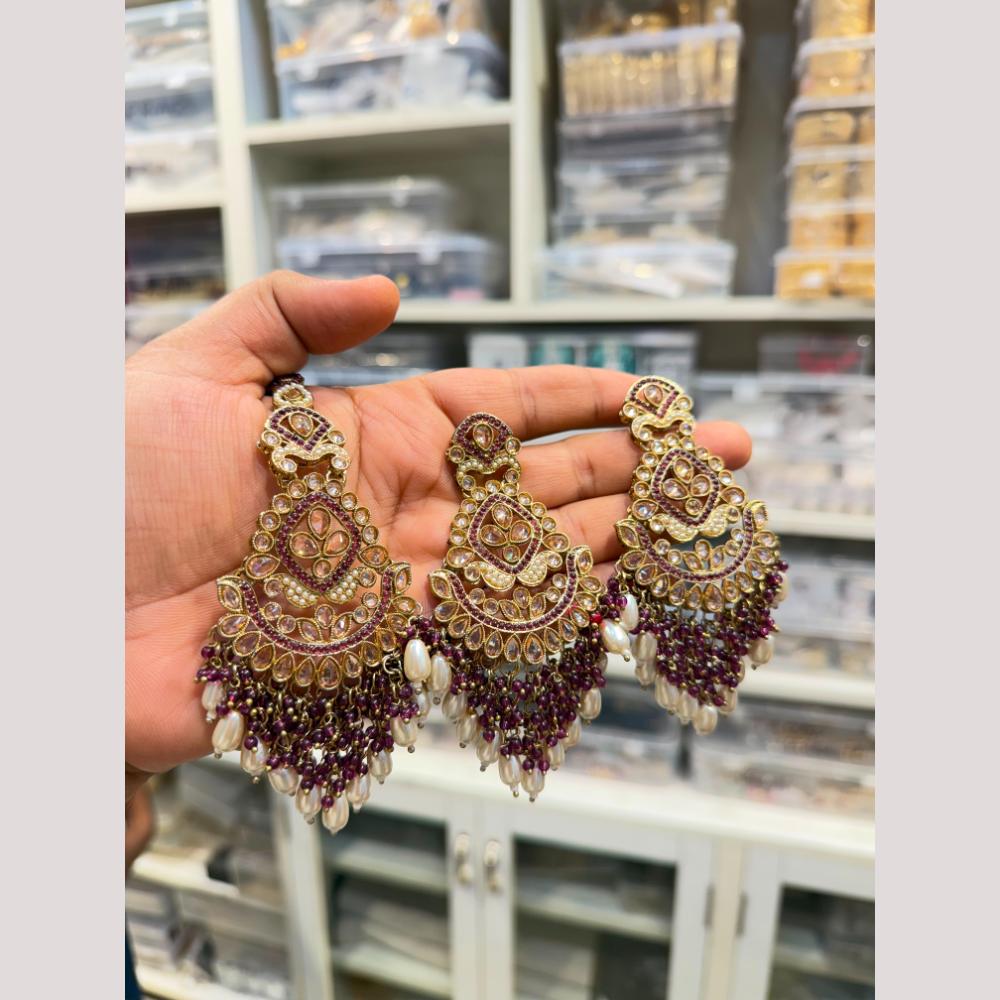 Hira Collections Stylish Crystal Stone And Pearl Dangler Earrings With Maang Tikka