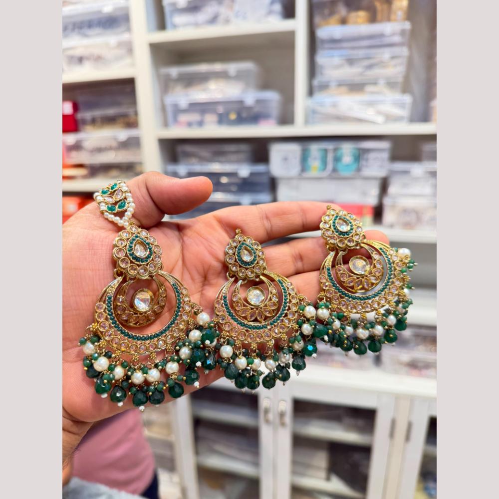 Hira Collections Stylish Crystal Stone And Pearl Dangler Earrings With Maang Tikka