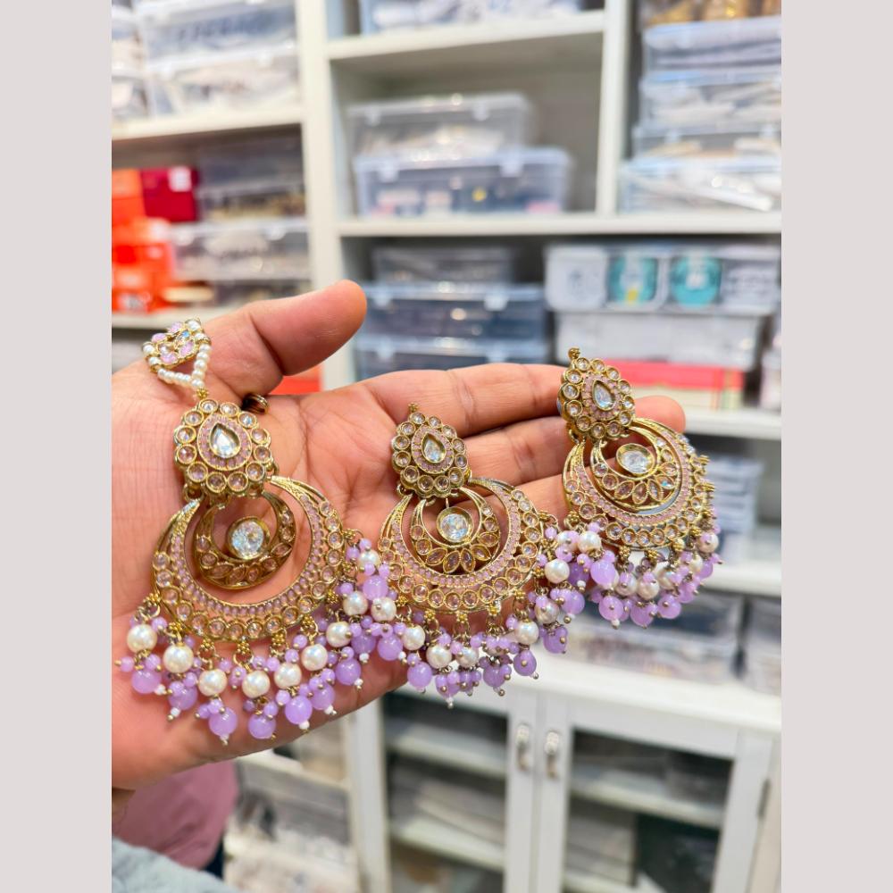 Hira Collections Stylish Crystal Stone And Pearl Dangler Earrings With Maang Tikka