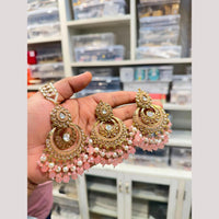 Hira Collections Stylish Crystal Stone And Pearl Dangler Earrings With Maang Tikka