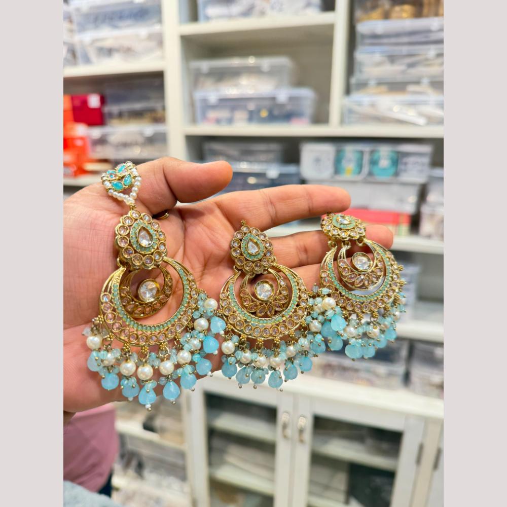 Hira Collections Stylish Crystal Stone And Pearl Dangler Earrings With Maang Tikka