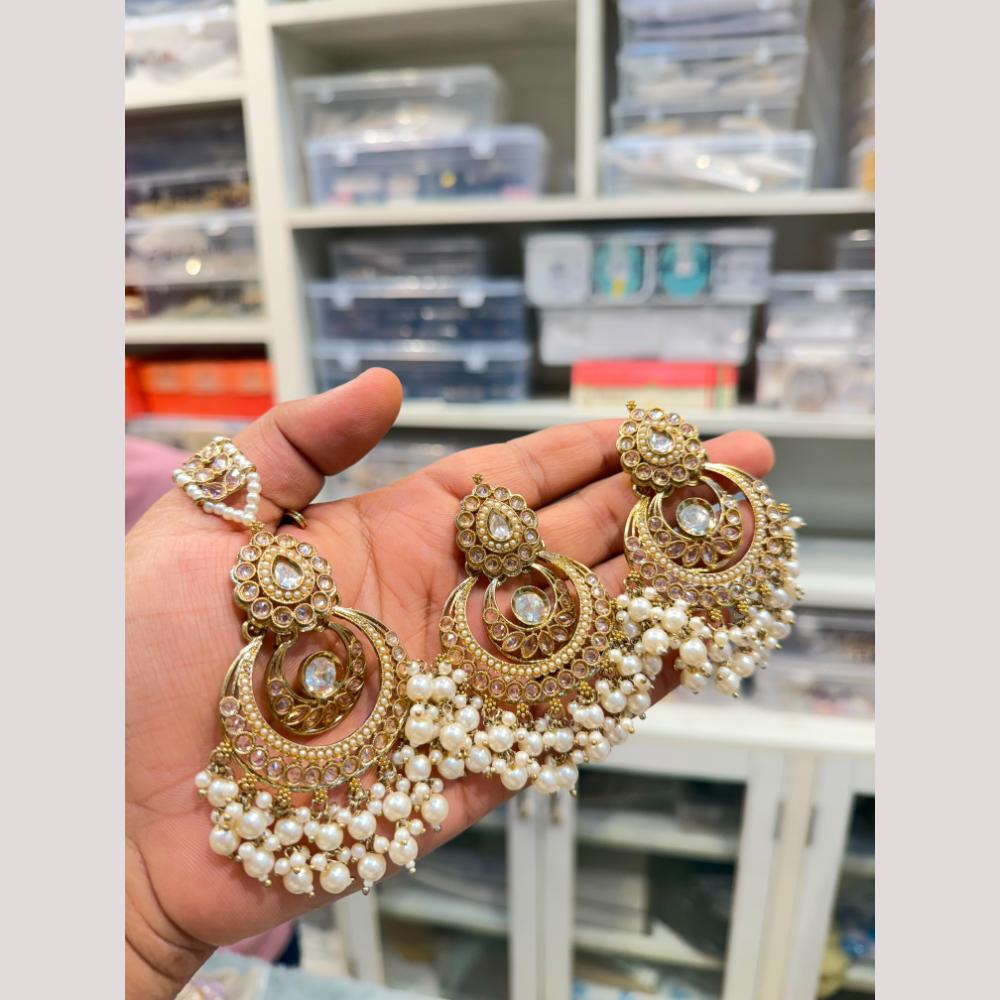 Hira Collections Stylish Crystal Stone And Pearl Dangler Earrings With Maang Tikka