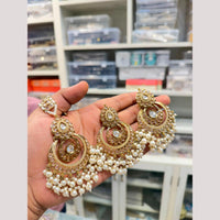 Hira Collections Stylish Crystal Stone And Pearl Dangler Earrings With Maang Tikka