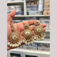 Hira Collections Stylish Crystal Stone And Pearl Dangler Earrings With Maang Tikka