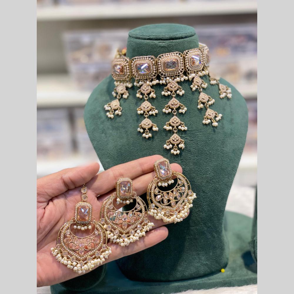 Hira Collections Beautiful Crystal Stone And Pearl Choker Necklace Set