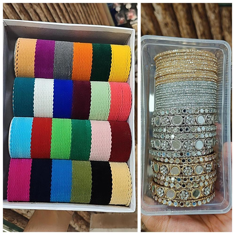 Hira Collections Fashionable Mirror And Austrian Stone Velvet Bangles Set