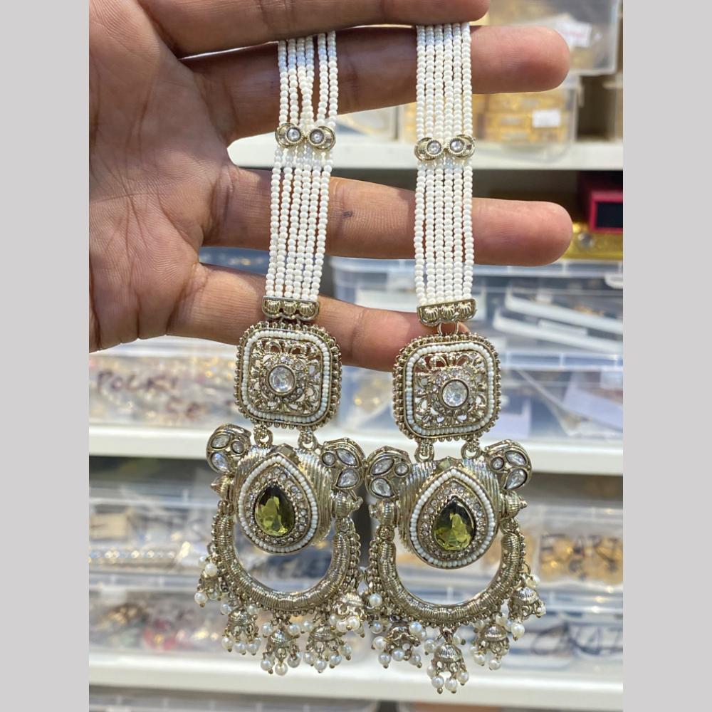Hira Collections Premium Pota Stone And Kundan Stone Pearl Jhumki Earrings With Kanchian