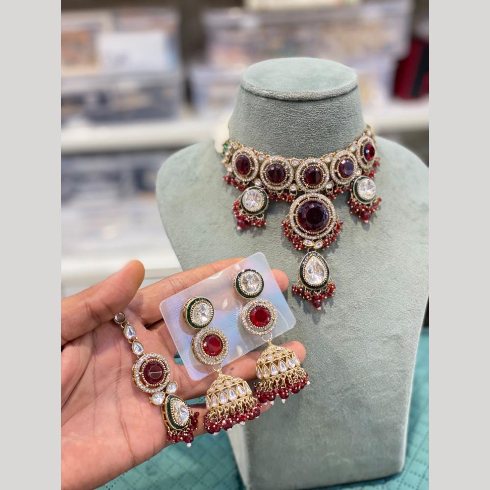 Hira Collections Luxury Crystal Stone And Pearl Choker Necklace Set
