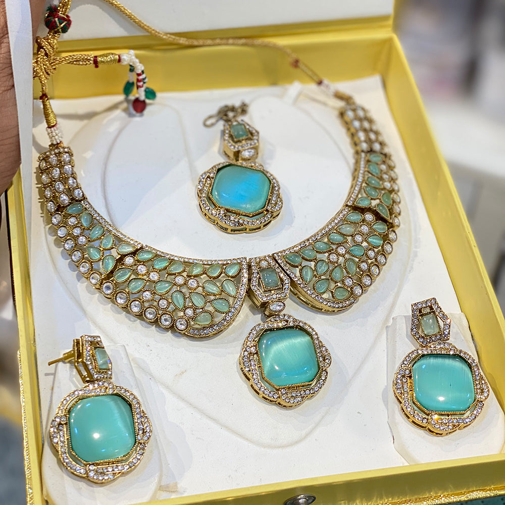 Hira Collections Delicate Pota Stone And Austrian Stone Necklace Set