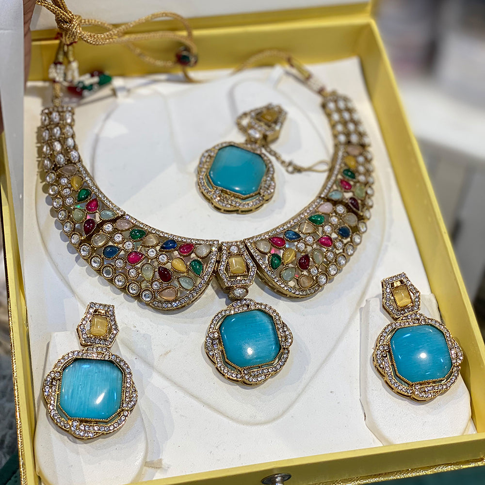 Hira Collections Delicate Pota Stone And Austrian Stone Necklace Set