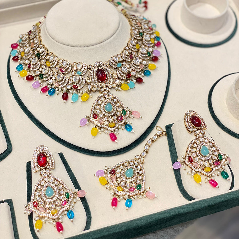 Hira Collections Luxury Polki Kundan Stone And Pota Stone Beads Necklace Set 
