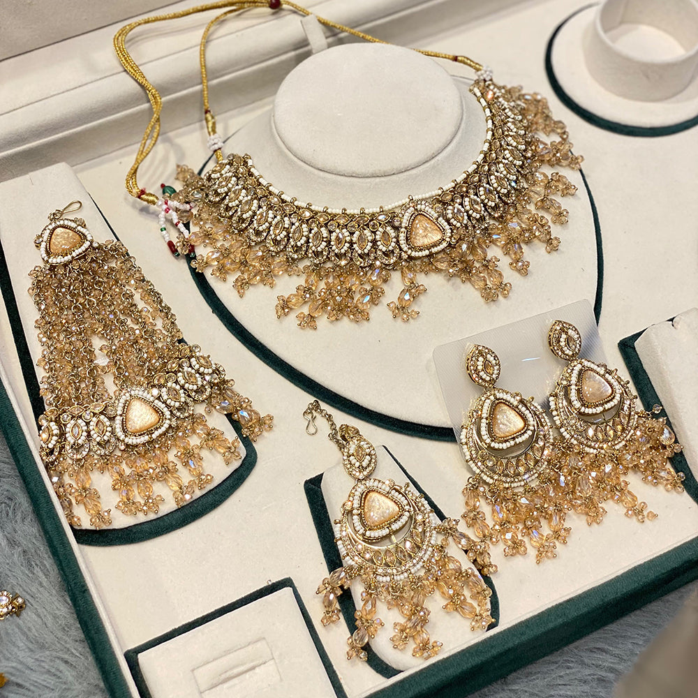 Hira Collections Glamorous Crystal Stone And Pearl Necklace Set With Passa 