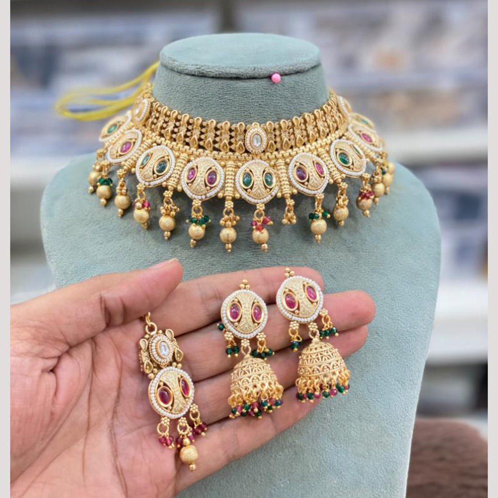 Hira Collections Decent Pota Stone And Pearl Choker Necklace Set