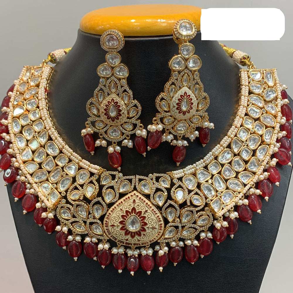 Jain Jewellers Kundan Stone and Pearls and Floral Design in Center with Matching Earring