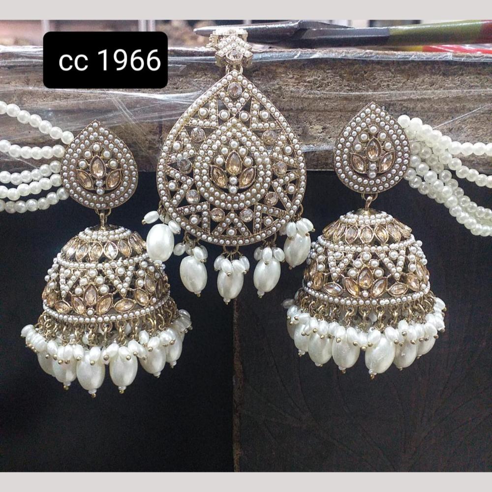 Kavita Art Gold Plated Crystal Stone And Beads Kan Chain Jhumki Earrings With Maangtikka