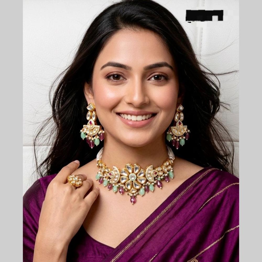 Kavita Art Elegant Pota Stone Pearl Choker Necklace Jewellery Set