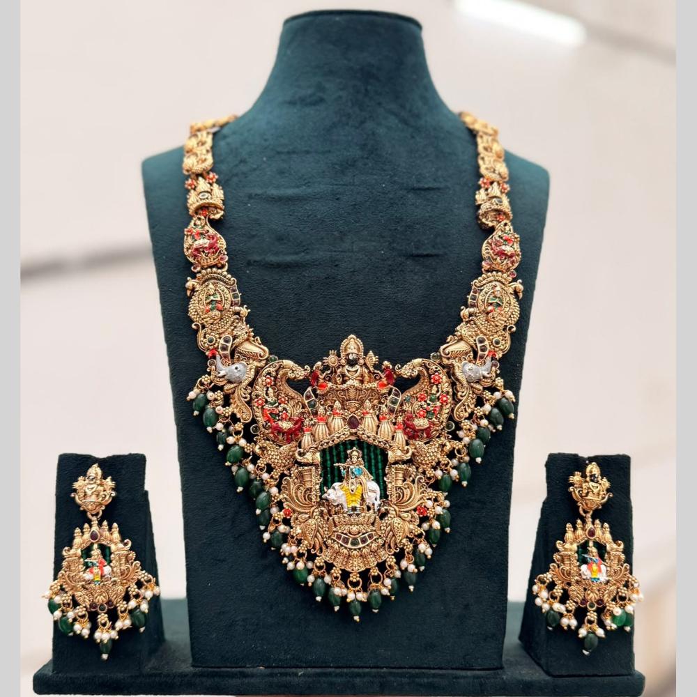 Kavita Art Beautiful Pota Stone And Pearl Meenakari Temple Long Necklace Set