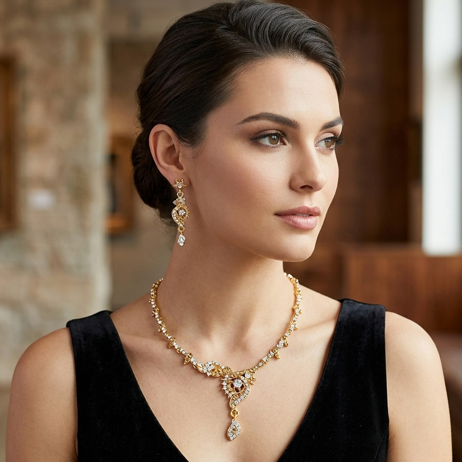 Urthn Gold Plated Elegant Austrian Stone Necklace set(Pack of 3)