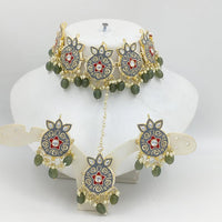 SNERA Gold Plated Kundan Stone And Pearls Meenakari Choker Necklace Set