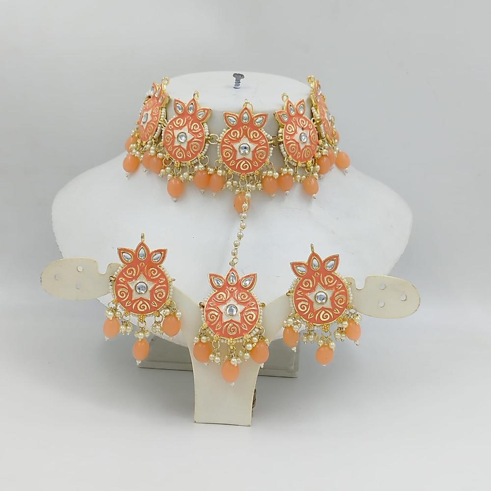 SNERA Gold Plated Kundan Stone And Pearls Meenakari Choker Necklace Set