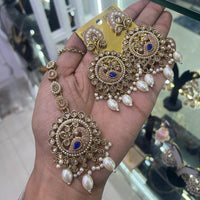 SNERA Gold Plated Crystal Stone And Beads Dangler Earrings With Mangtikka