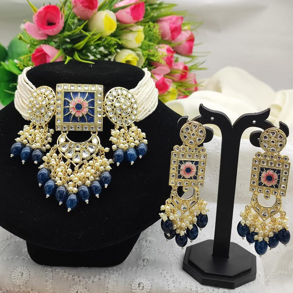 SNERA Gold Plated Kundan And Beads Meenakari Choker Necklace Set 