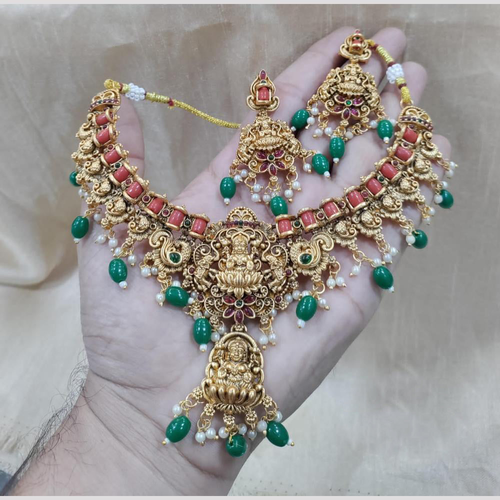SNERA Gold Plated Pota Stone And Beads Temple  Necklace Set