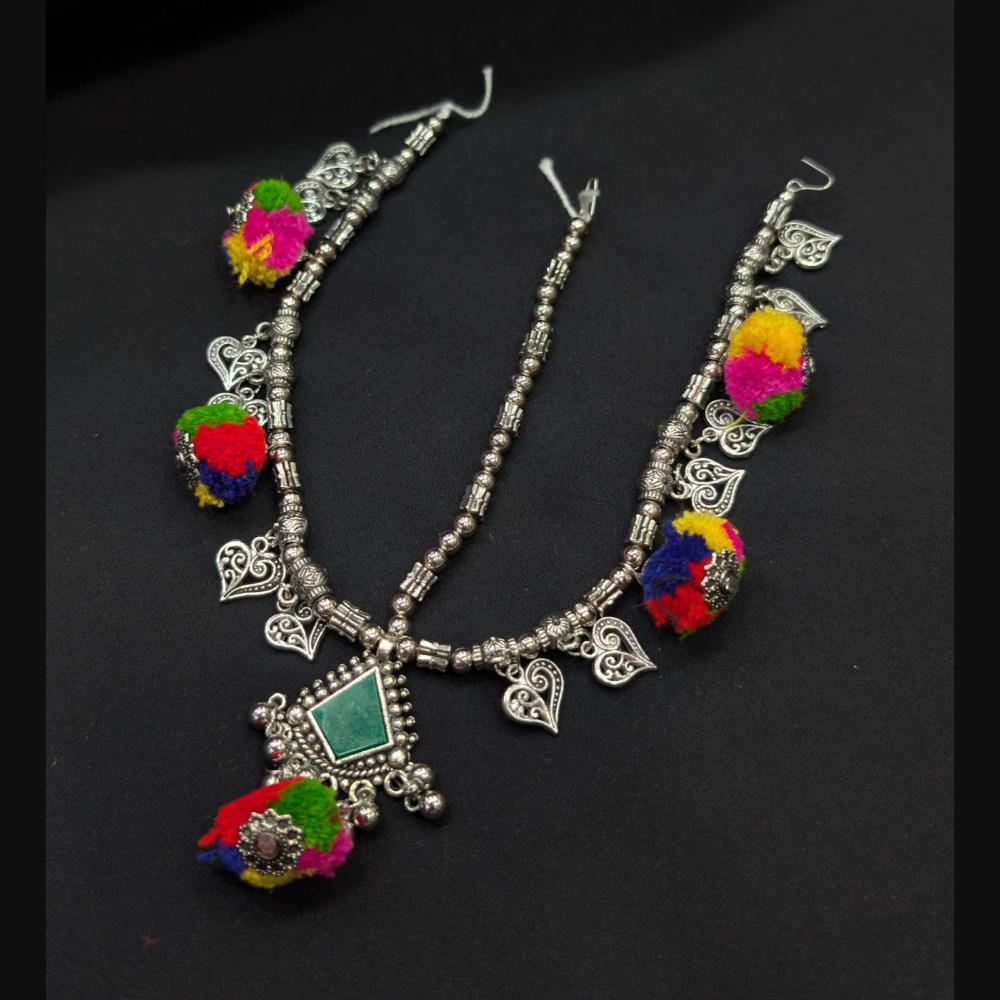 SNERA Tribal-Inspired Oxidised Plated Mirror Work And Pom Pom Heart-Shaped Damini Maangtikka