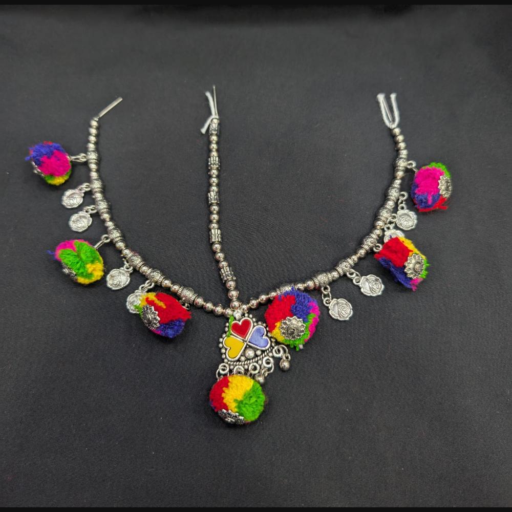 SNERA Tribal-Inspired Oxidised Plated Pom Pom Heart-Shaped Damini Maangtikka