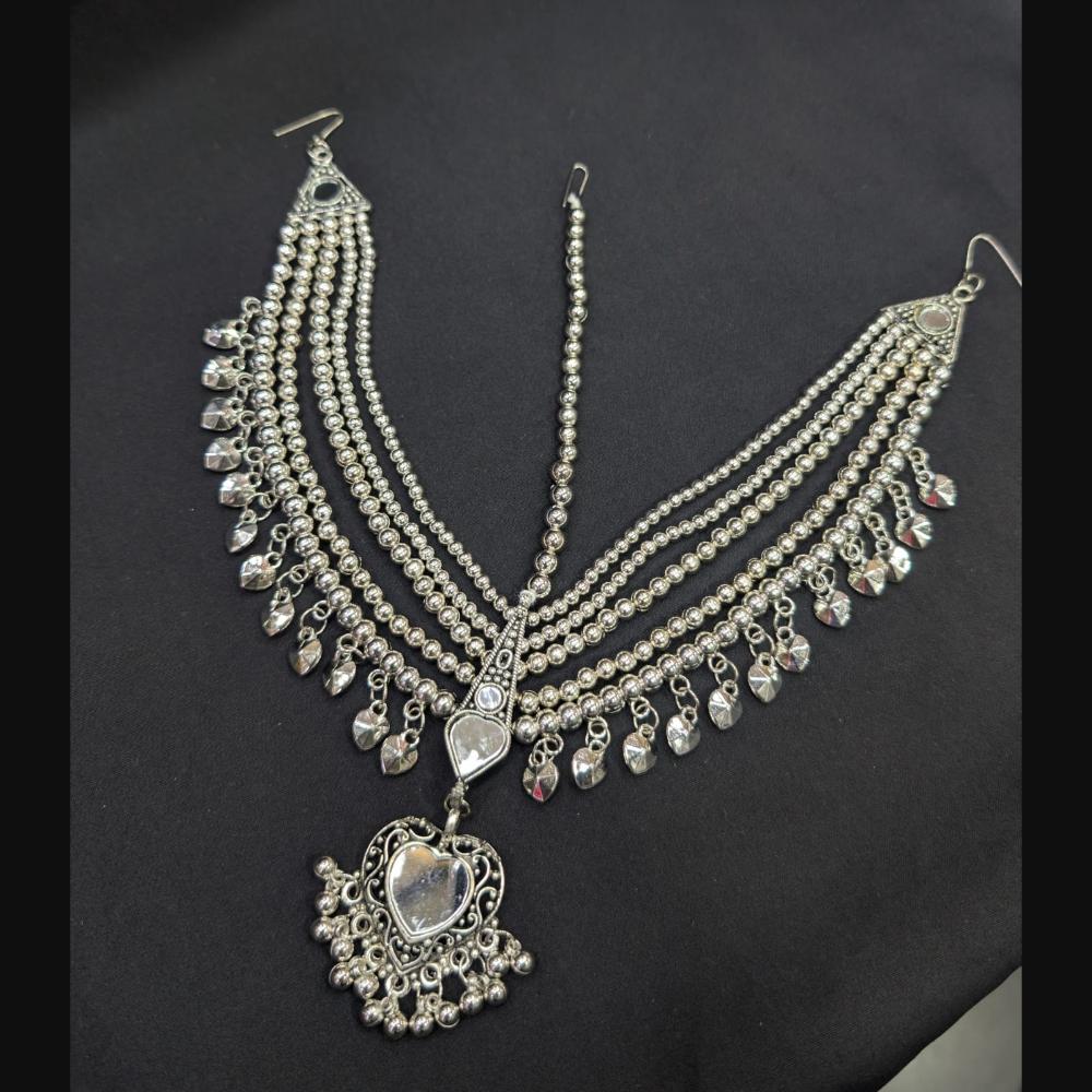 SNERA Tribal-Inspired Oxidised Plated Mirror Work Heart-Shaped Damini Maangtikka