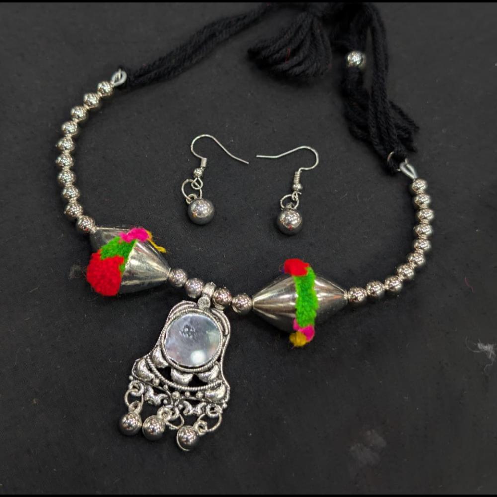 SNERA Oxidised Plated Colorful Pom Pom And Mirror Navratri Necklace Set