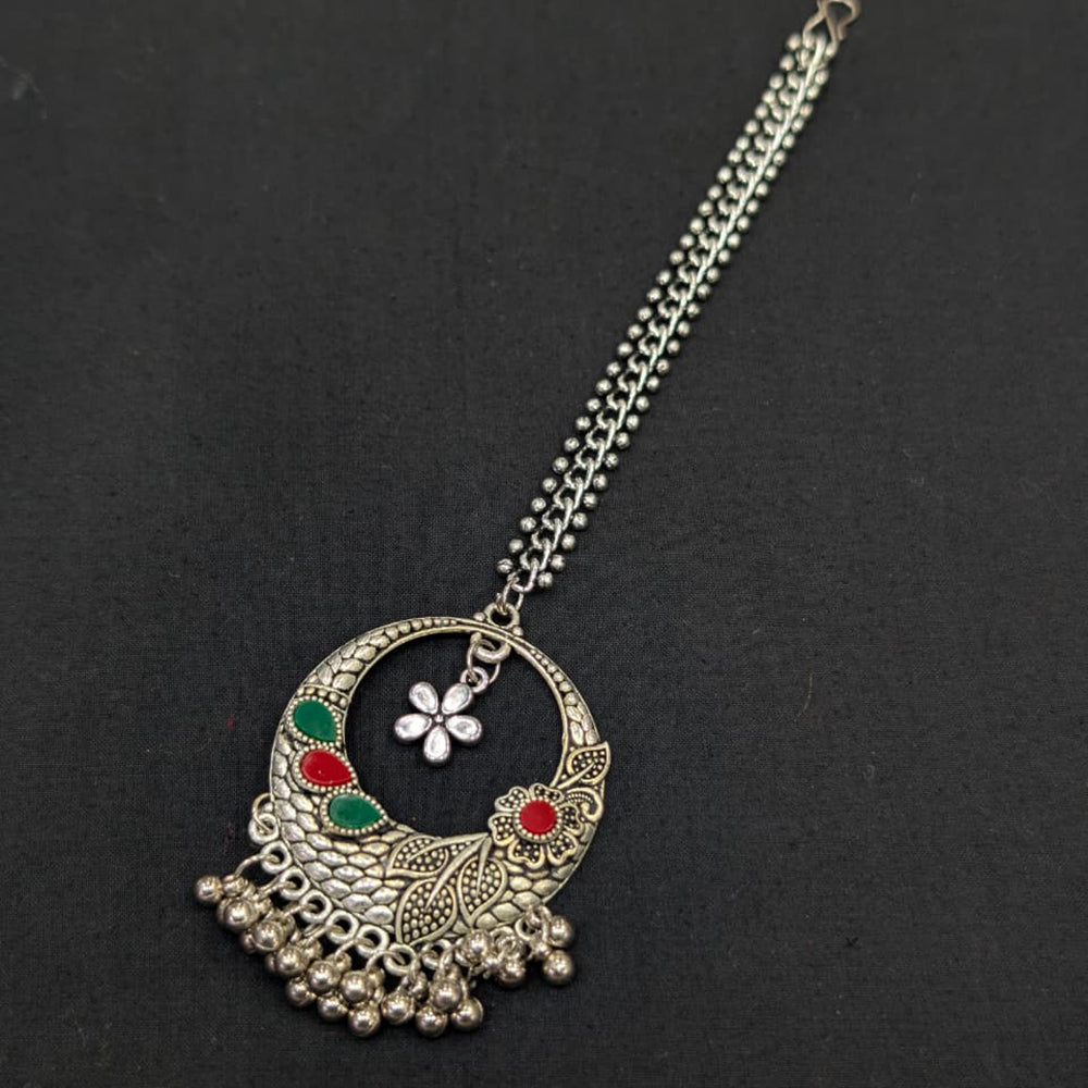 SNERA Navratri Special Oxidised Plated Pota Stone Maangtikka