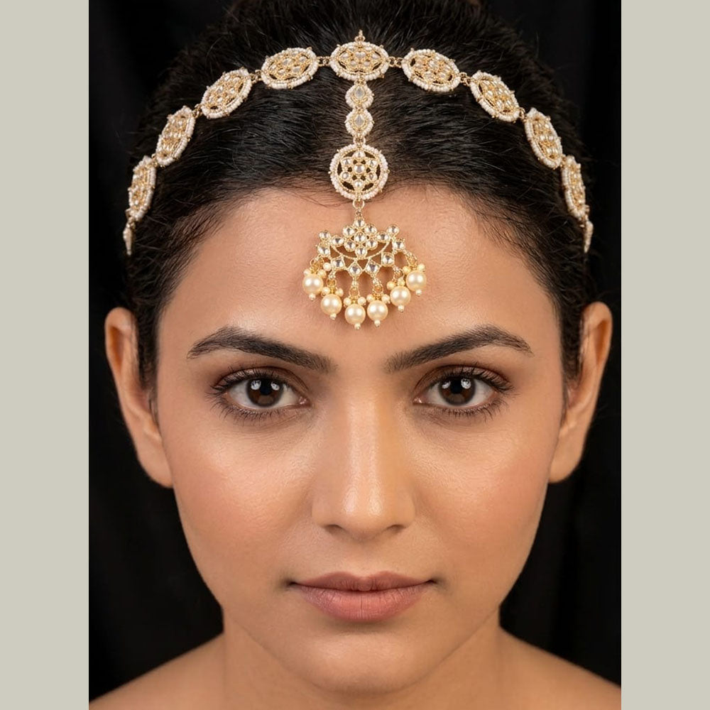 SNERA Kundan Stone And Pearl Sheeshphool With Maangtikka