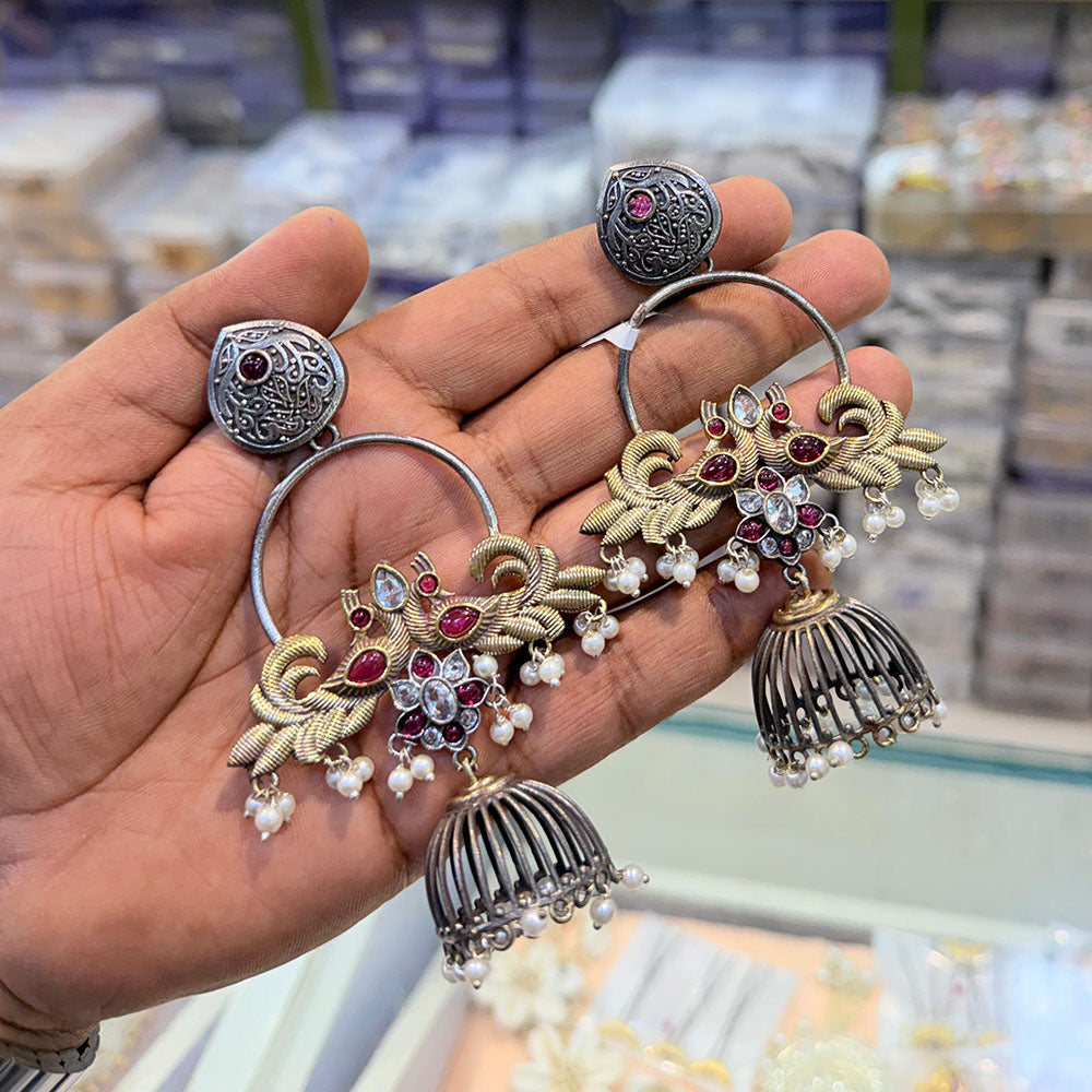 SNERA Graceful 2 Tone Plated Pota Stone And Pearls Jhumki Earrings