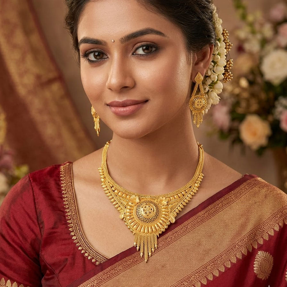 SNERA Traditional Gold Plated Designer Necklace Set with Earrings