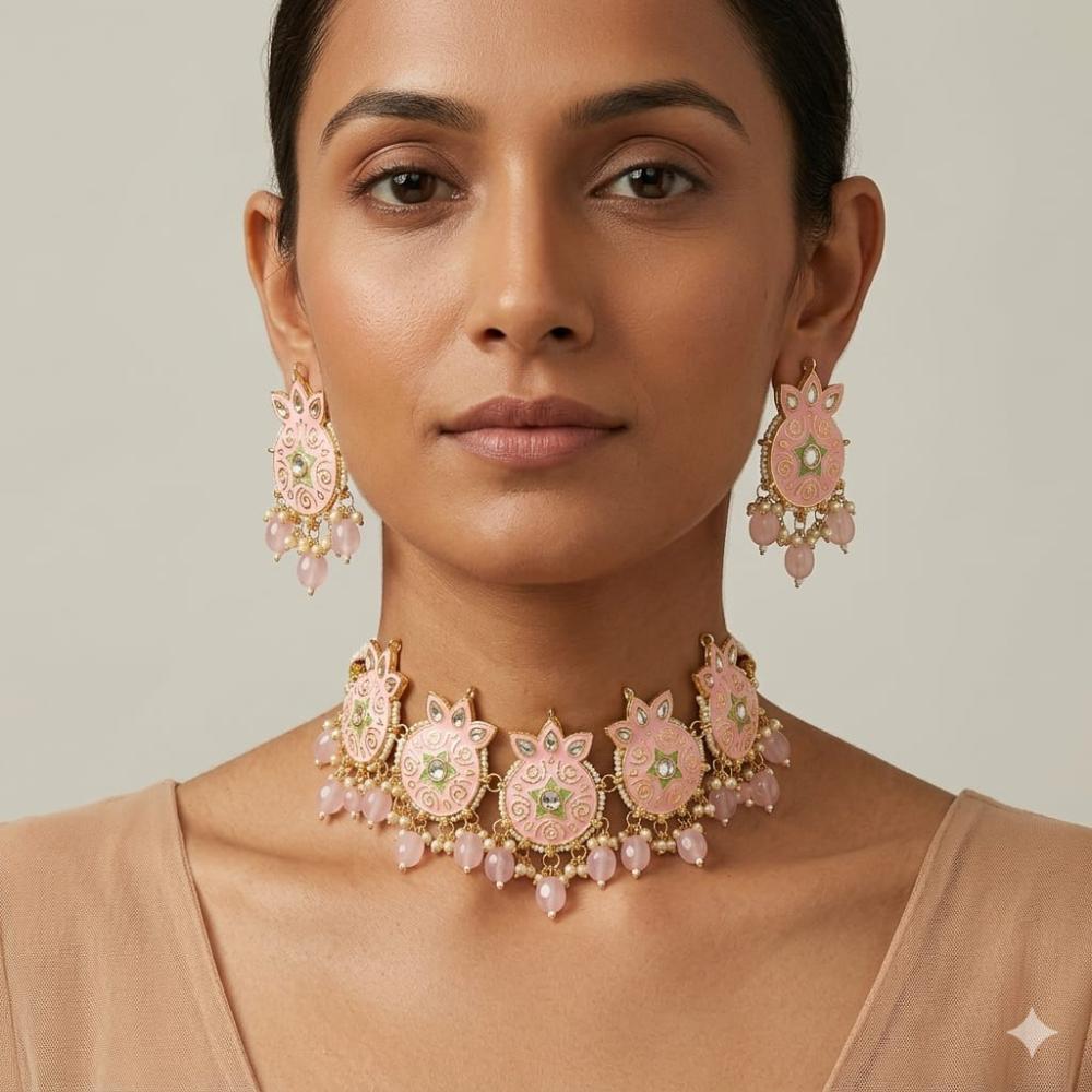 SNERA Classic Grace Crystal Stone  Pearl And Beads Choker Meenakari Necklace Set