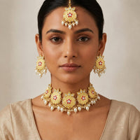 SNERA Classic Grace Crystal Stone  Pearl And Beads Choker Meenakari Necklace Set