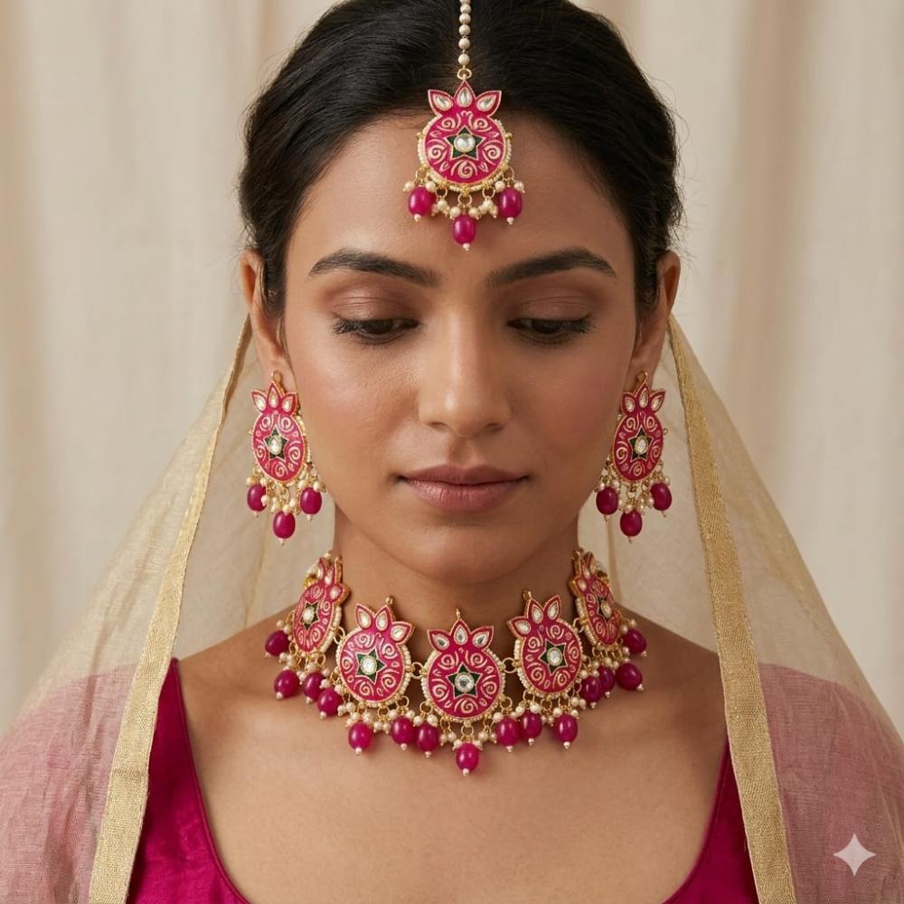 SNERA Classic Grace Crystal Stone  Pearl And Beads Choker Meenakari Necklace Set
