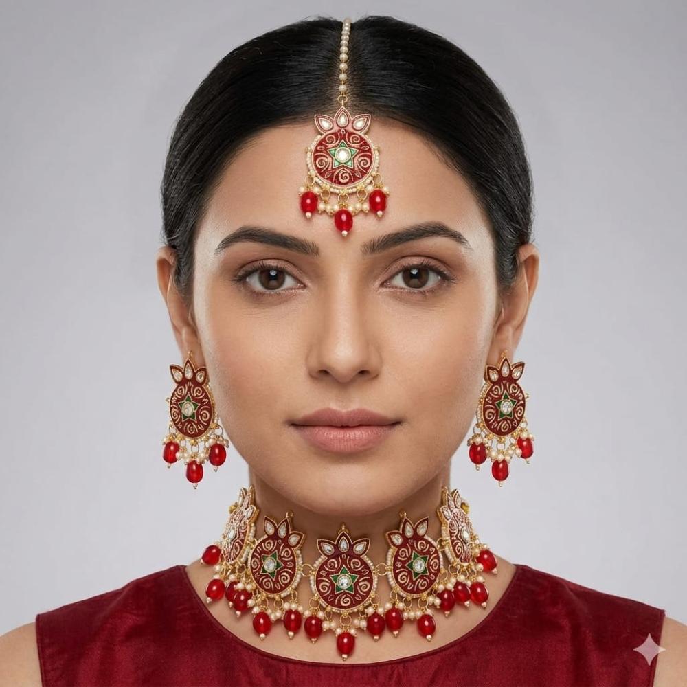 SNERA Classic Grace Crystal Stone  Pearl And Beads Choker Meenakari Necklace Set