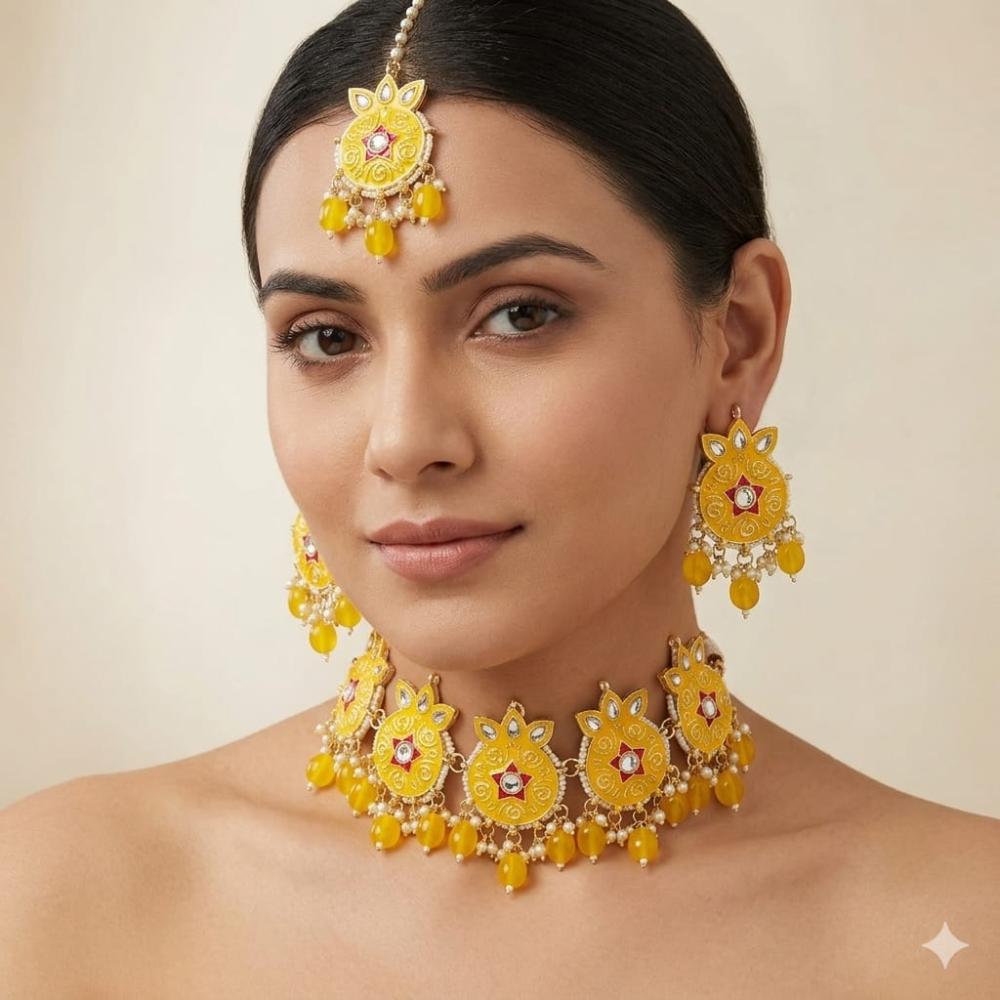 SNERA Classic Grace Crystal Stone  Pearl And Beads Choker Meenakari Necklace Set