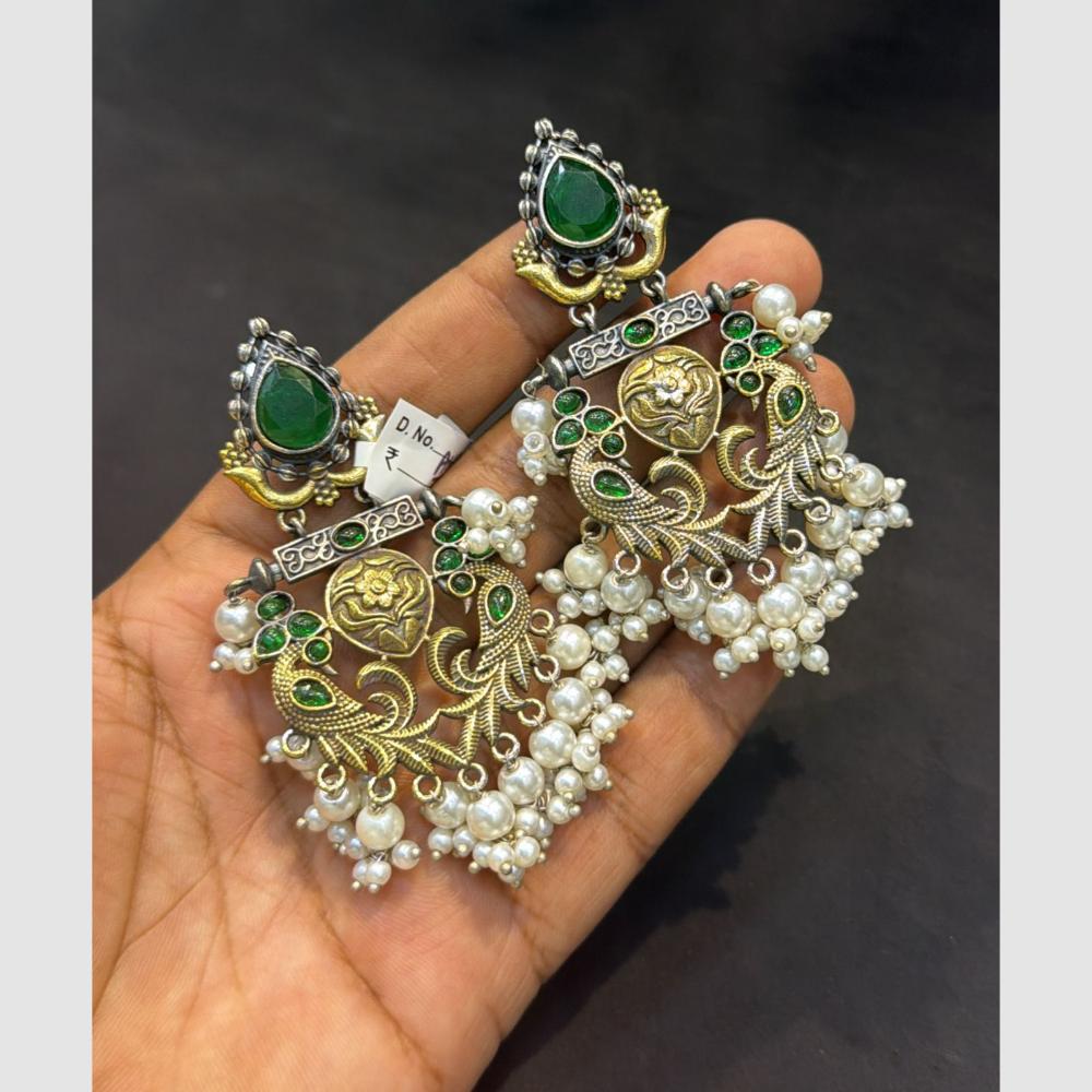 SNERA Graceful Pota Stone And Pearl Peacock Design Dangler Earrings